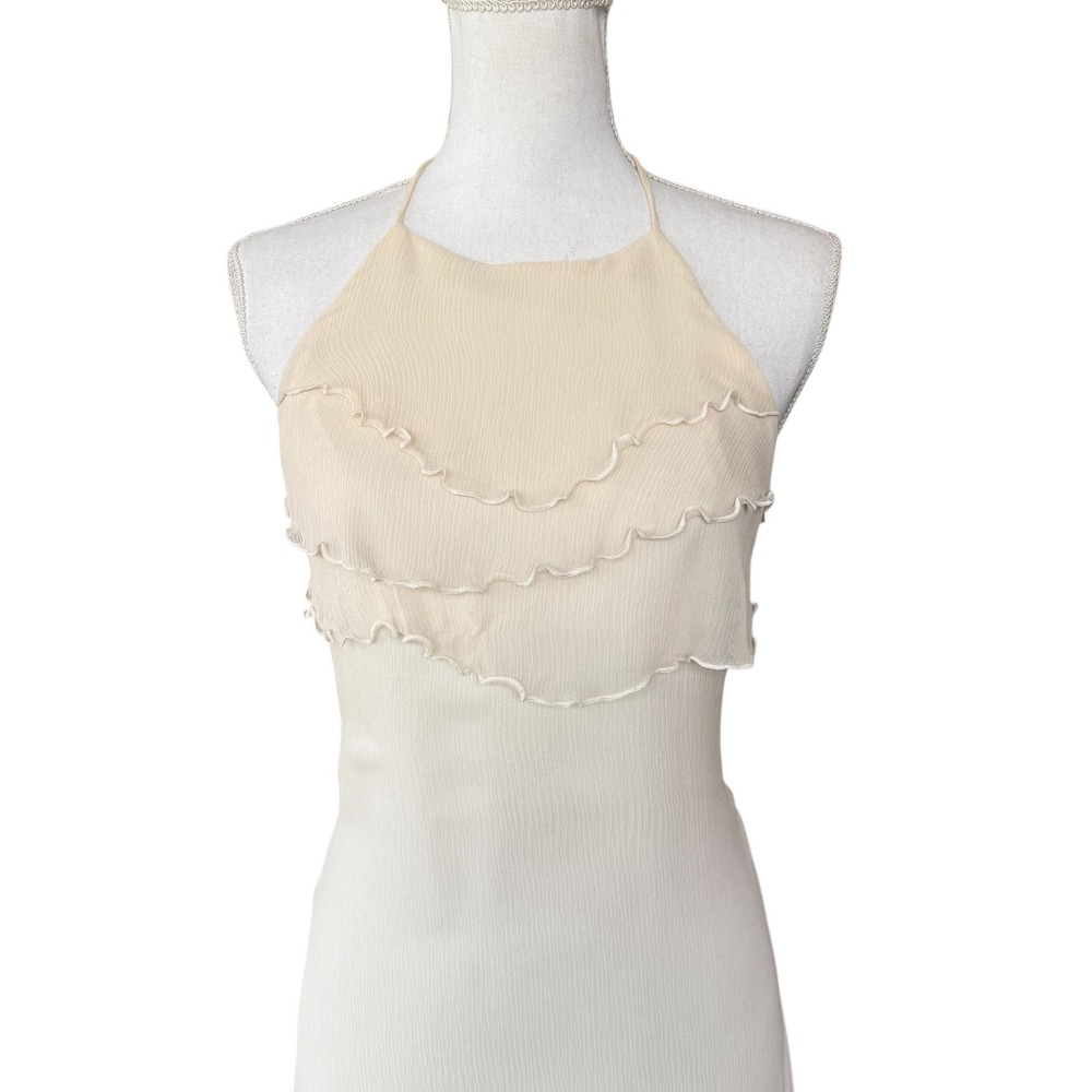 Hartnell Silk Cream Halter Maxi Ruffle Tiered Handkerchief Hem Cream White - Picture 7 of 7